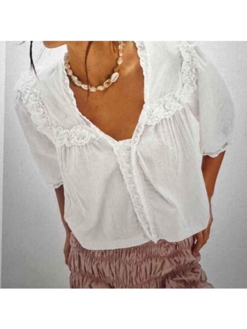 Free People Luna Top XS White Sheer Cotton Ruffle Trim Boho Peasant Blouse